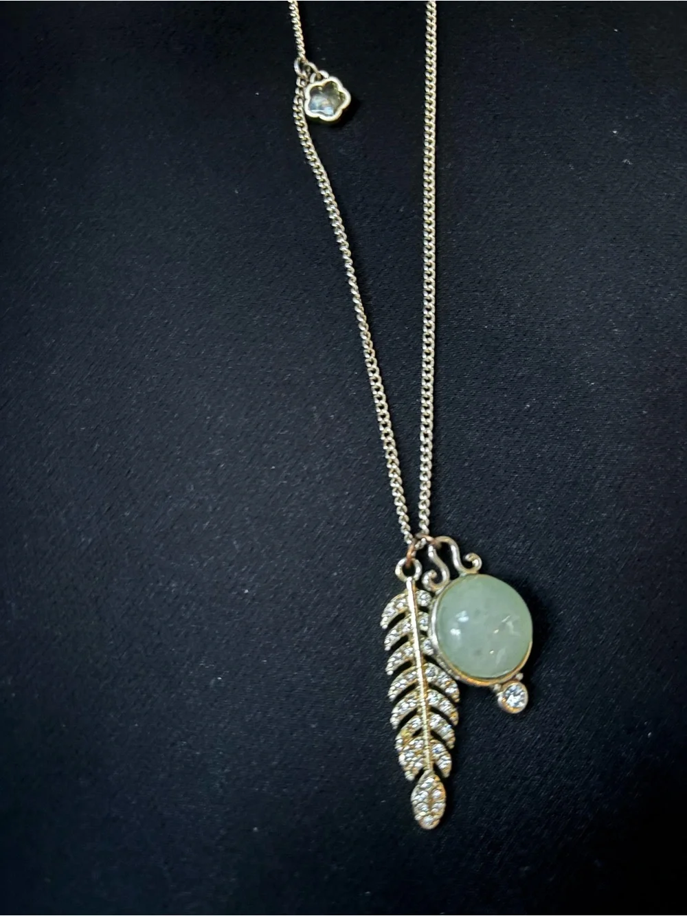 Gold-Tone Necklace with Green Jade Disk and Crystal Feather Charm - Picture 1 of 4
